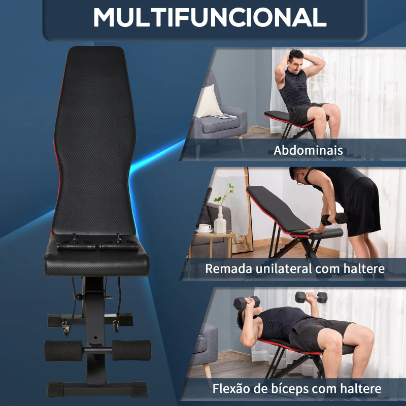 HOMCOM Banco de Musculação Dobrável com Extensão de Perna Almofada de Pregador e Banda de Resistência 130x34x48-109 cm Preto