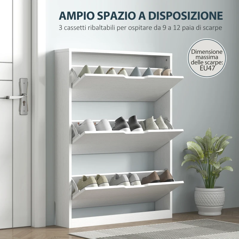 HOMCOM Scarpiera Slim a 3 Cassetti Ribaltabili con Intaglio Inferiore, in Legno, 80x17x108 cm, Bianco