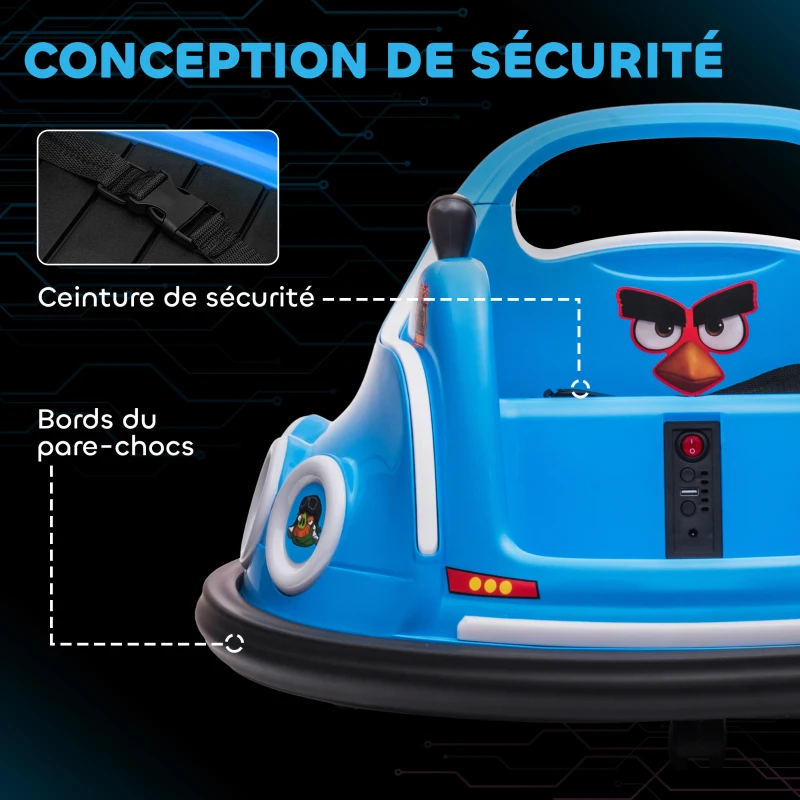 AIYAPLAY Voiture auto-tamponneuse électrique enfant 12V sous licence Angry Bird, voiture tournante 360°, 73 x 73 x 44 cm, bleu