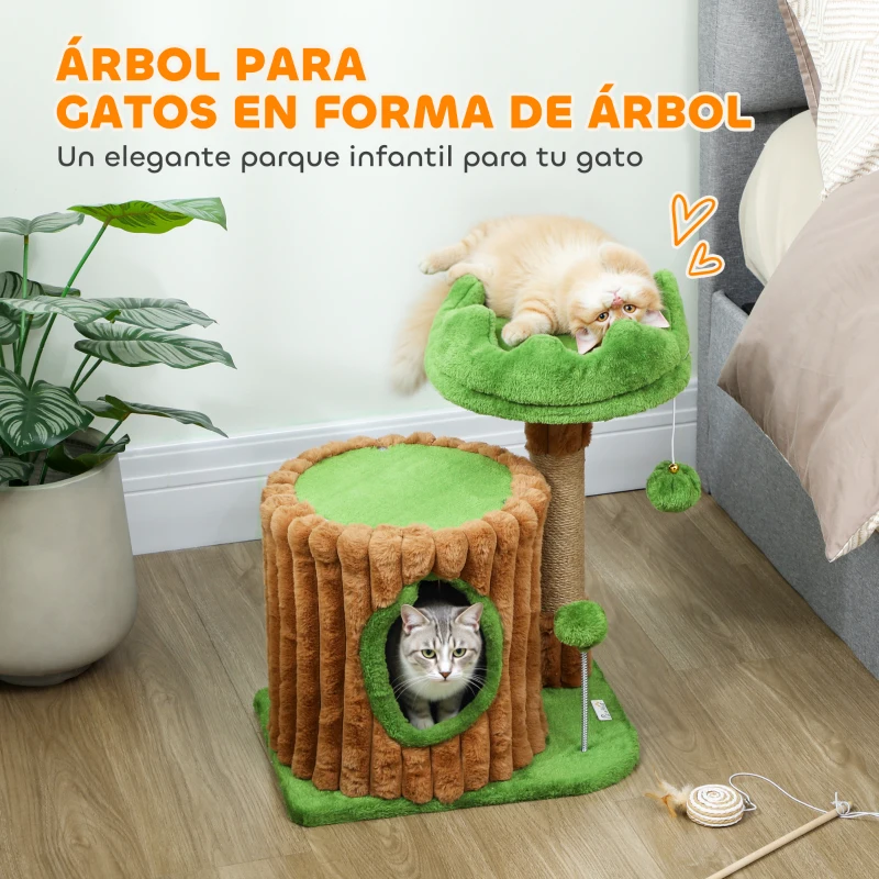 PawHut Árbol Rascador para Gatos 53 cm Diseño de Tronco con Casita Cama Poste de Yute Bolas Marrón y Verde