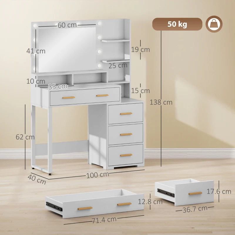 HOMCOM Tavolo da Trucco in Legno con 4 Cassetti, 6 Ripiani Aperti e Specchio, 100x40x138 cm, Bianco