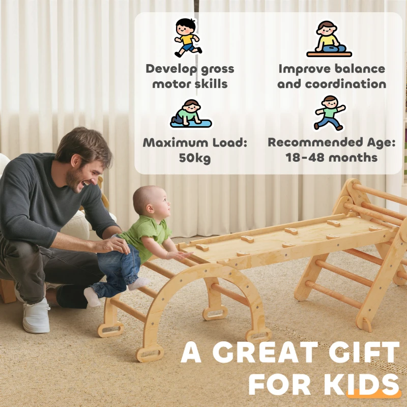 AIYAPLAY 5-in-1 klimrek: boogladder, driehoeksladder, helling, klimwand en glijbaan — voor kinderen 1,5-4 jaar, opvouwbaar, hout