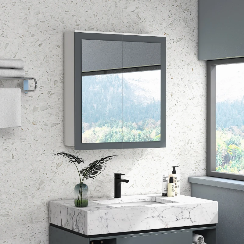 kleankin Armadio da Bagno con Specchio Armadio da Bagno da Appendere con 2 Ante in Vetro e Ripiani Regolabili 69x17x75,5 cm Bianco