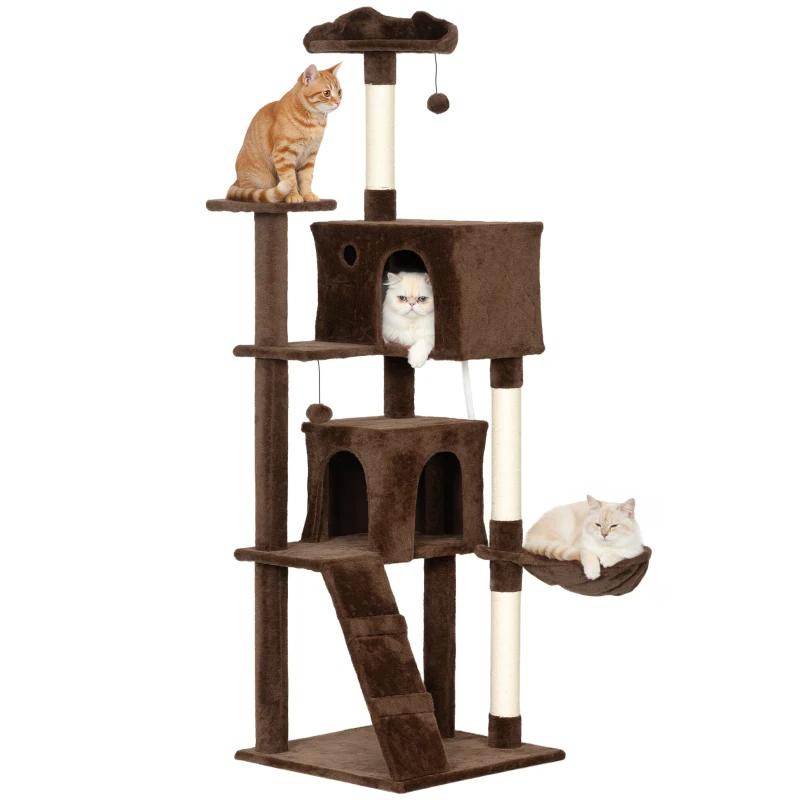 PawHut Árbol Rascador para Gatos 180 cm con Plataformas Cama 2 Cuevas Hamaca Escalera Postes de Sisal Marrón