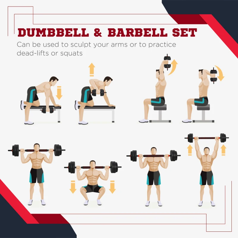 HOMCOM 25kg 2 IN 1 Adjustable Dumbbells Weight Set, Dumbbell Hand Weight Barbell for Body Fitness, Lifting Training for Home, Office, Gym, Black