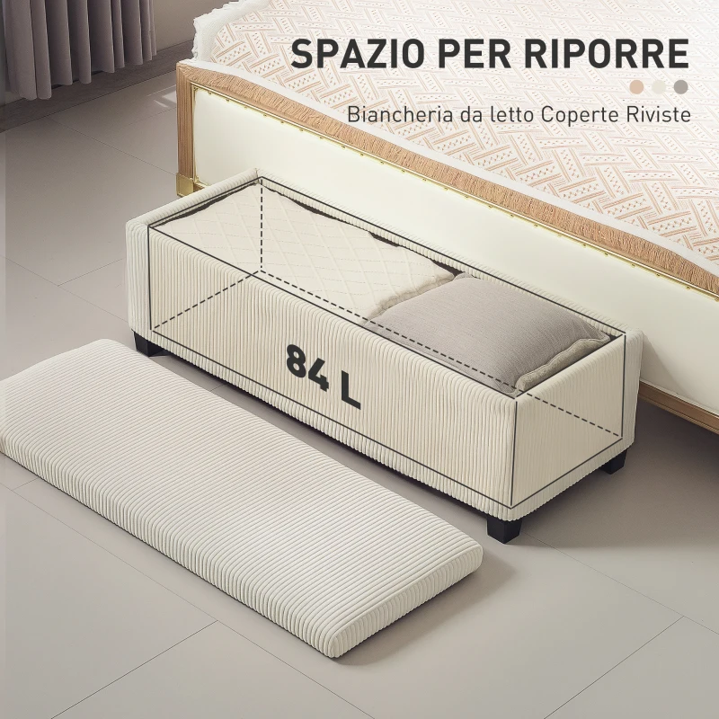 HOMCOM Panca Fondo Letto con Spazio Contenitore da 84L, in Tessuto Effetto Velluto a Coste e Acciaio, 112x42x40 cm, Beige