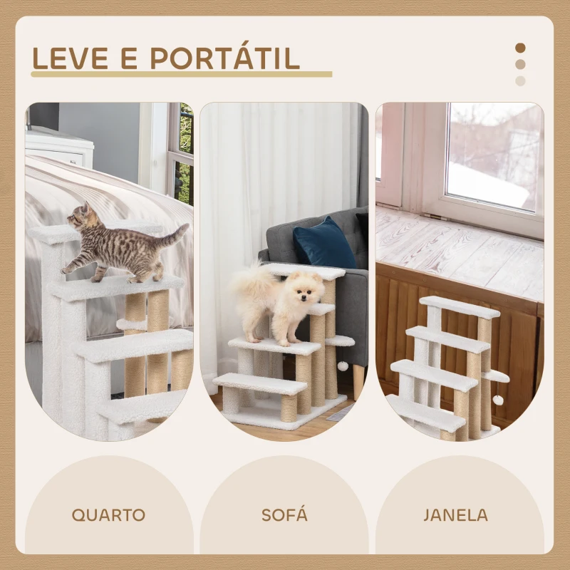 PawHut Escada para Gatos de 4 Níveis Coberta de Pelúcia Suave Poste de Juta Bola Pendurada Arranhador para Gatos 60x40x64 cm Branco