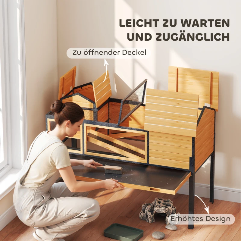 PawHut Schildkrötenhaus, Kleintiergehege, 2 Räume, 2 Stockwerke, Fenster, Rampen, Zubehör, Holz, Stahl, Gelb