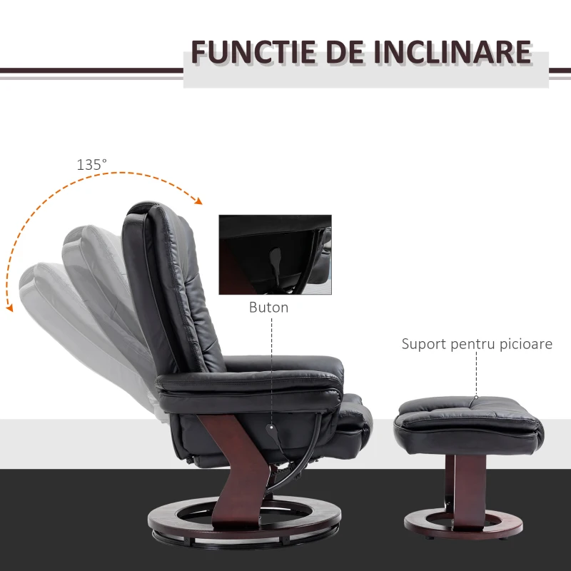 HOMCOM Set Fotoliu Relax si Taburet pentru Picioare, Pivotant la 360° si Inclinabil, Imitatie de piele PU