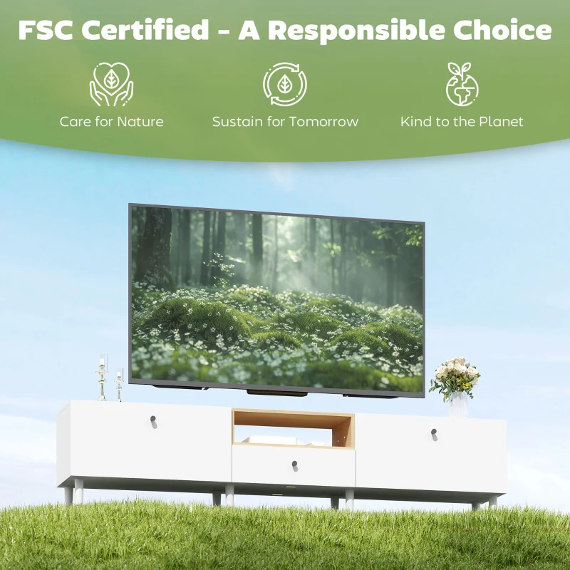 HOMCOM 200 cm TV-kast voor televisies tot 228,6 cm, 2 neerklapbare vakken, open vak, lade, 8 poten, spaanplaat, wit