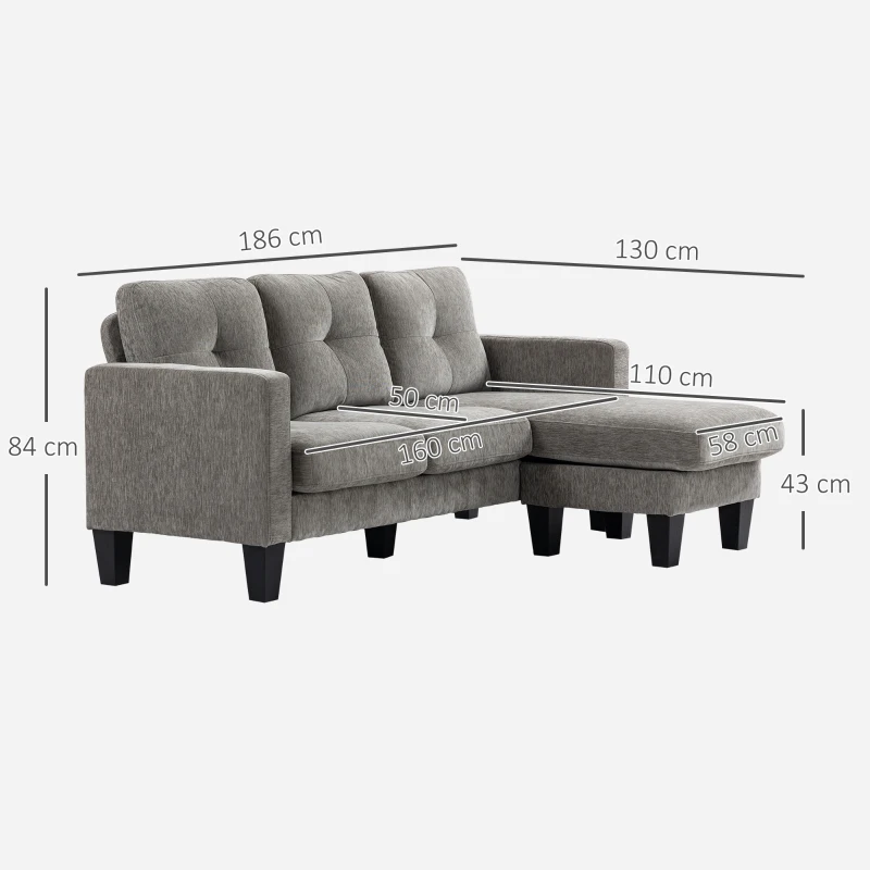 HOMCOM Sofá Esquinero en Forma de L Tapizado Poliéster Sofá Chaise Longue Reversible con 3 Cojines  186x130x84cm Marrón Topo