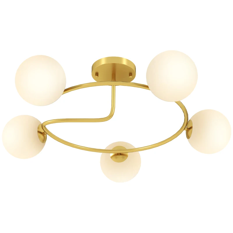 HOMCOM Plafonnier lustre moderne, luminaire plafonnier à 5 lumières avec culot G9, montage semi-affleurant, doré et blanc