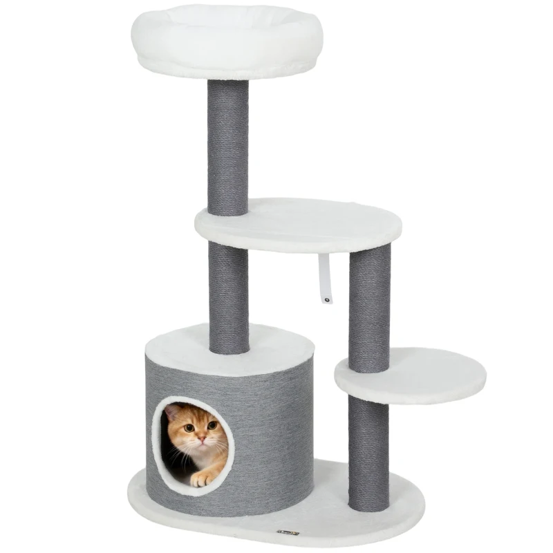 PawHut Kratzbaum mit 1 Katzenhöhle, 1 Katzenbett, 2 Plattformen, Jute-Seilspfosten, Weiß + Grau