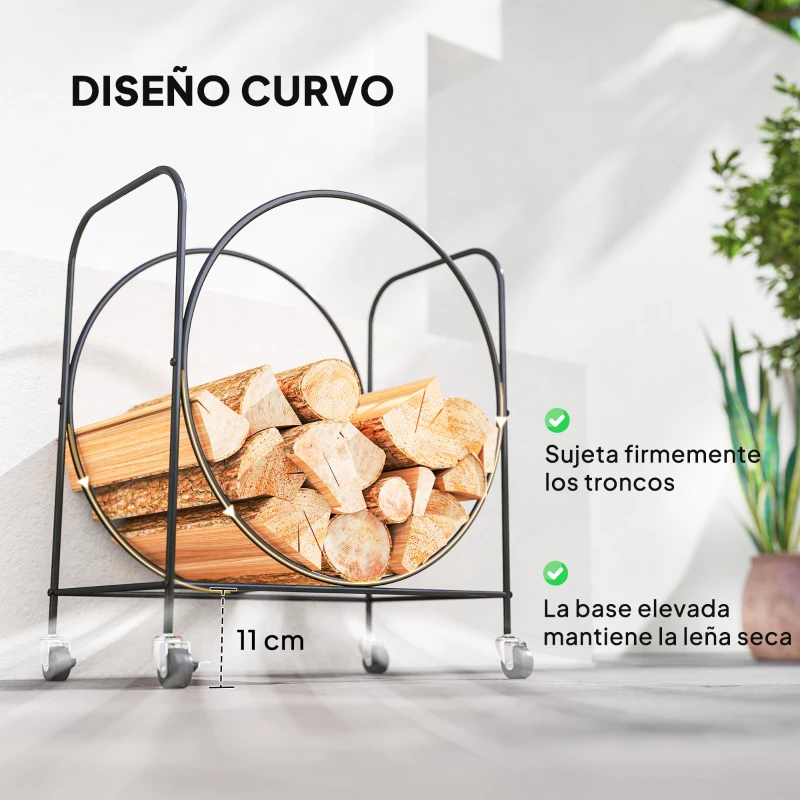 Outsunny Leñero Exterior Metálico de Chimenea Soporte para Leña con Ruedas para Interior y Exterior 51x30x60 cm Negro