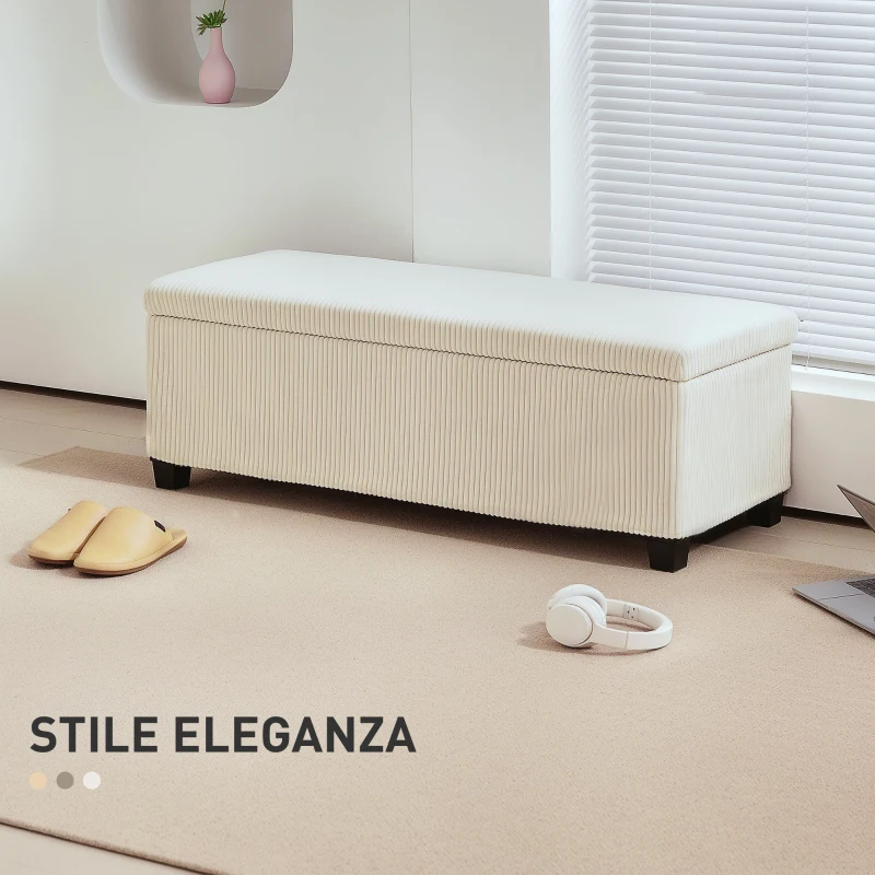 HOMCOM Panca Fondo Letto con Spazio Contenitore da 84L, in Tessuto Effetto Velluto a Coste e Acciaio, 112x42x40 cm, Beige