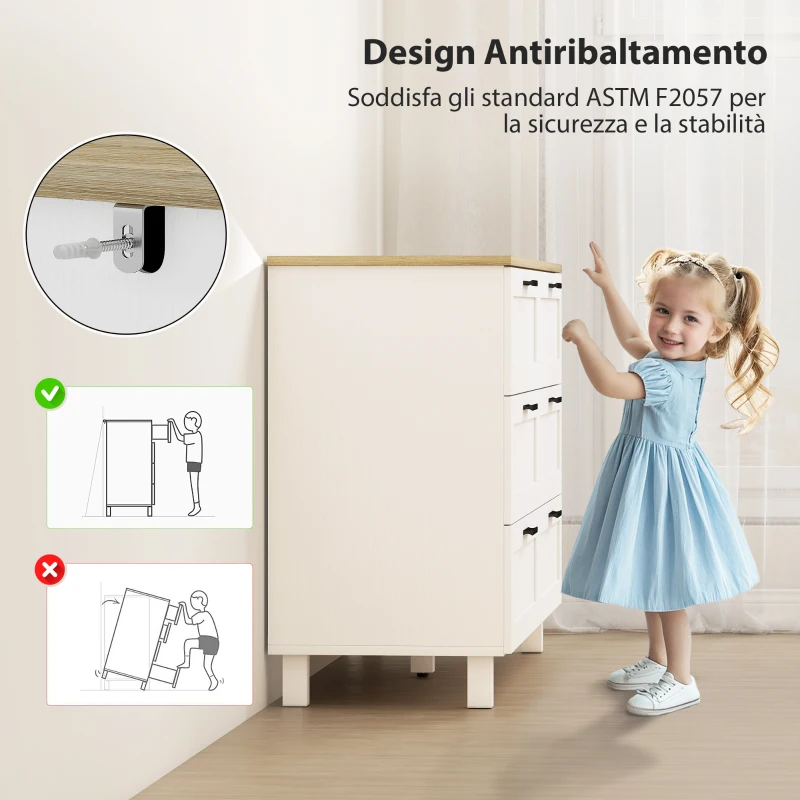 HOMCOM Cassettiera 6 Cassetti Moderna in Truciolato, Legno di Pino e MDF, 120x38x71 cm, Bianco e color Legno