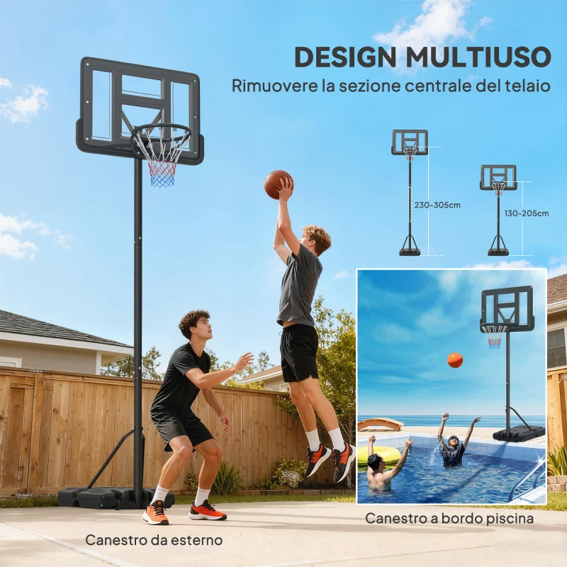 SPORTNOW Canestro Basket ad Altezza Regolabile per Giardino e Piscina con Base Riempibile, 110x75x195-370 cm, Nero
