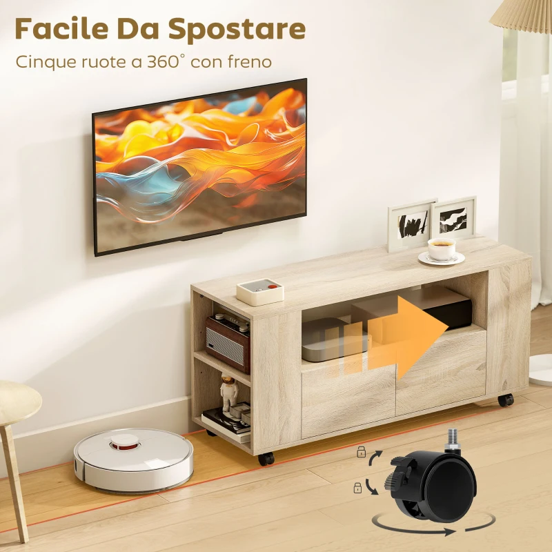 HOMCOM Mobile Porta TV da 42" con Ruote Girevoli e Freno, Ripiani Regolabili e Cassetti, 102x34.5x48.5 cm, Legno