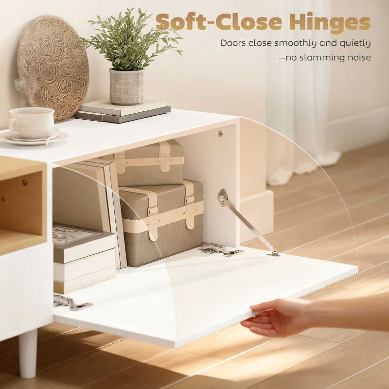 HOMCOM 200 cm TV-kast voor televisies tot 228,6 cm, 2 neerklapbare vakken, open vak, lade, 8 poten, spaanplaat, wit