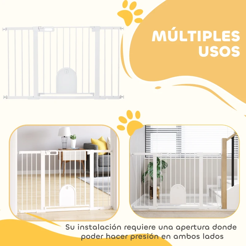 PawHut Barrera de Seguridad para Perros con Puerta Pequeña para Escaleras y Puertas 75-131 cm con 3 Extensiones Blanco