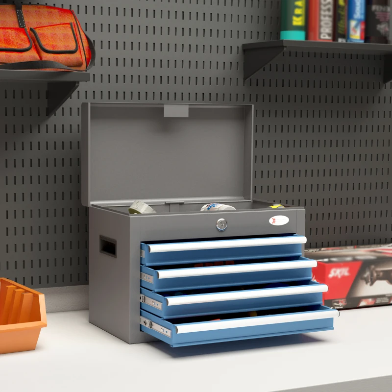 DURHAND Cassetta porta attrezzi in metallo con 4 cassetti e 1 vassoio superiore, bloccabile con 2 chiavi fornite, 2 maniglie