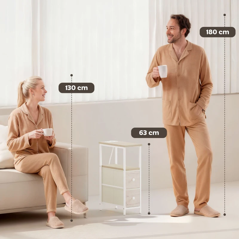 HOMCOM 2er-Set schmale Beistelltische mit Steckdose AC, USB-Anschluss, USB-C-Anschluss, 2 Stoffschubladen, Natur