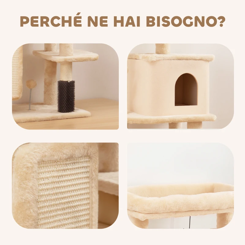 PawHut Albero per Gatti Multilivello Alto 132 cm con Casetta, Lettino, Pali Tiragraffi, Spazzola e Pallina, Beige