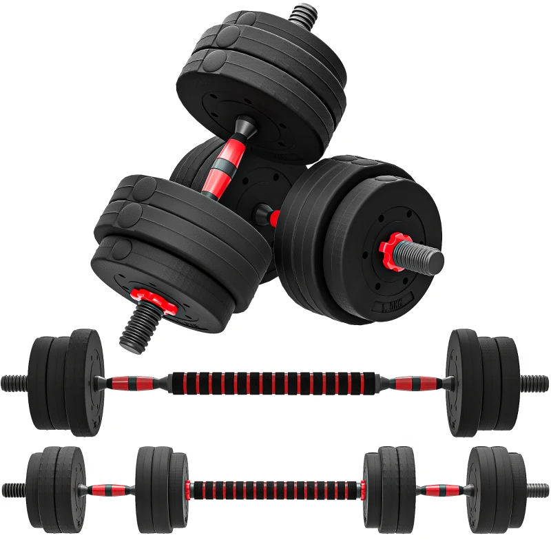 HOMCOM Kit Haltères Musculation 2-en-1, Lot de 2, 25 kg, poids réglable - Barres incluses - entraînement Musculaire & haltérophilie - HDPE Noir Rouge