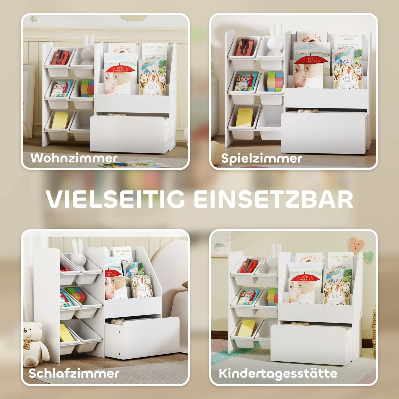 AIYAPLAY Speelgoedrek, kinderkamerrek met 6 bakken, boekenplank, rolbare box, 100 x 30 x 80 cm, MDF, staal, wit