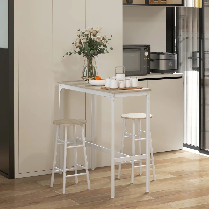 HOMCOM Ensemble table haute de bar + 2 tabourets structure en acier plateau aspect bois naturel 2 personnes blanc