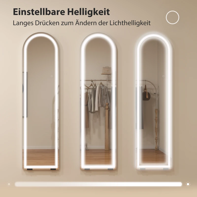 HOMCOM Volle-lengte spiegel met LED-licht, 150 x 40 cm, boogvormig, dimbaar, 3 lichtkleuren, vrijstaand of muurmontage, wit