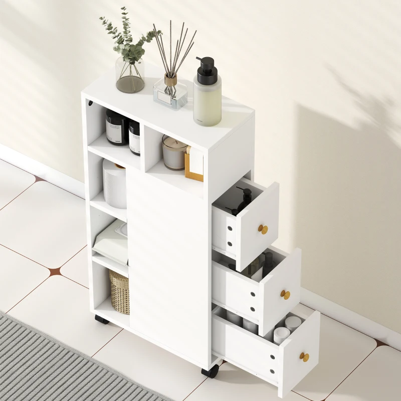 HOMCOM Meuble de salle de bain étroit, meuble avec 4 roulettes, 3 tiroirs, 5 compartiments ouverts, 20x40x80cm, blanc