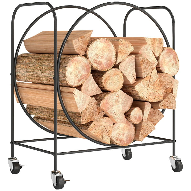 Outsunny Leñero Exterior Metálico de Chimenea Soporte para Leña con Ruedas para Interior y Exterior 51x30x60 cm Negro