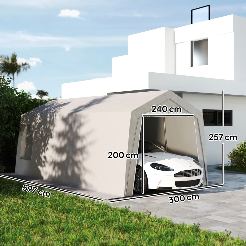 Outsunny 3 x 6 m Waterdichte Tuinschuur met UV-bestendig Kunststof Zeil en Metalen Frame, Lichtgrijs