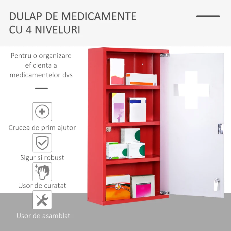 HOMCOM Dulap Trusa Prim Ajutor pentru Medicamente Rosu, 60x30x12cm