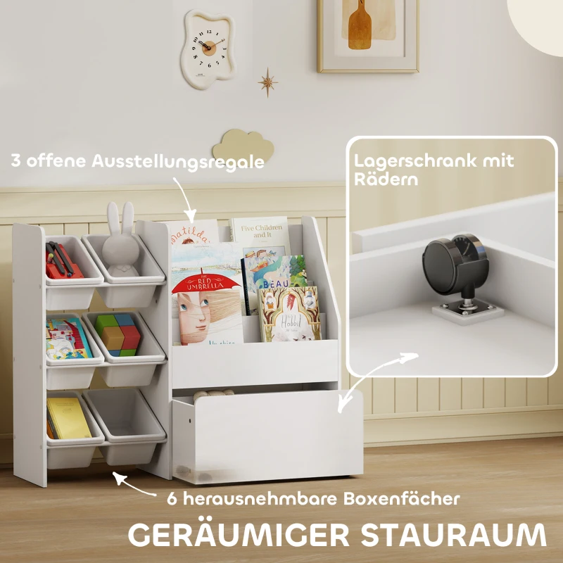 AIYAPLAY Speelgoedrek, kinderkamerrek met 6 bakken, boekenplank, rolbare box, 100 x 30 x 80 cm, MDF, staal, wit