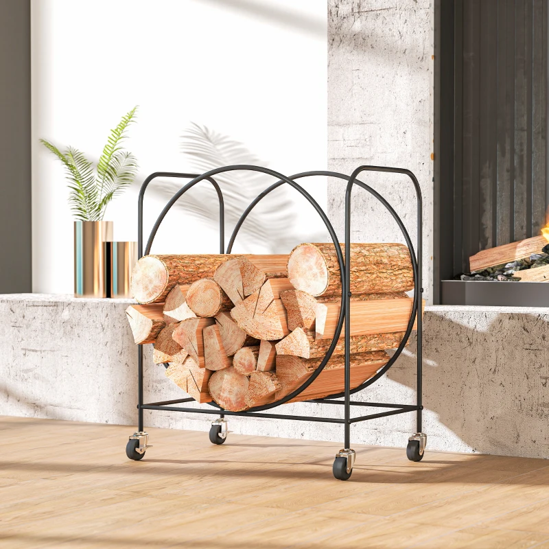 Outsunny Leñero Exterior Metálico de Chimenea Soporte para Leña con Ruedas para Interior y Exterior 51x30x60 cm Negro