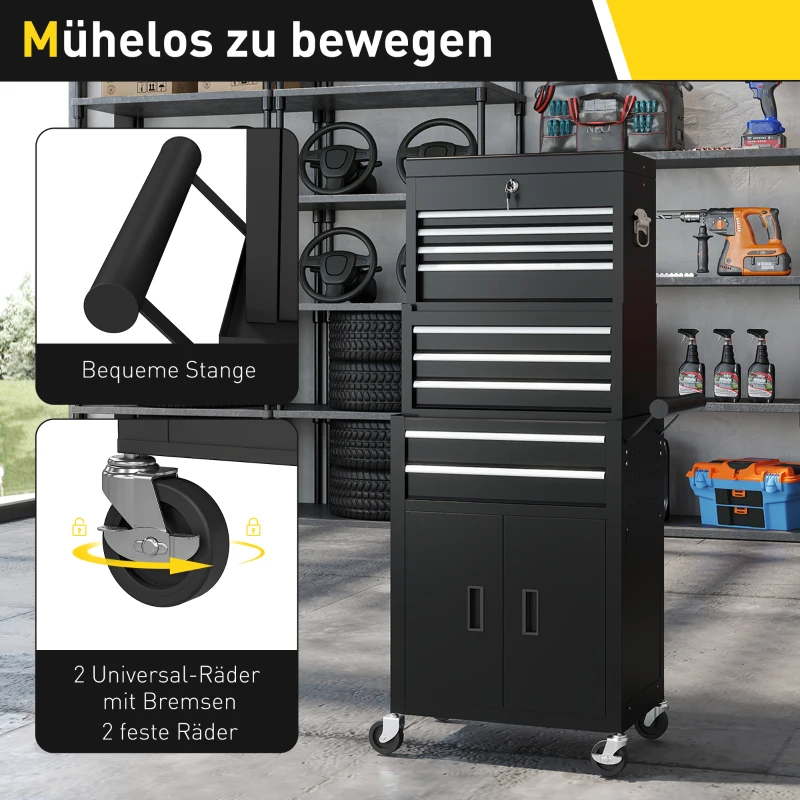 HOMCOM 3-in-1 Werkzeugkiste, Werkzeugschrank mit 4 Rädern, verschließbarer Werkzeugkasten mit 9 Schubladen, Stahl, Schwarz