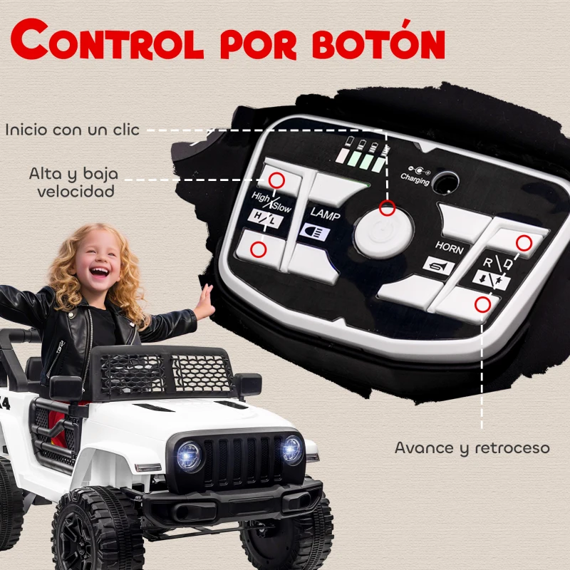 HOMCOM Coche Eléctrico para Niños de +3 Años Vehículo Todoterreno de Batería 12V con Control Remoto 100x65x72 cm Blanco