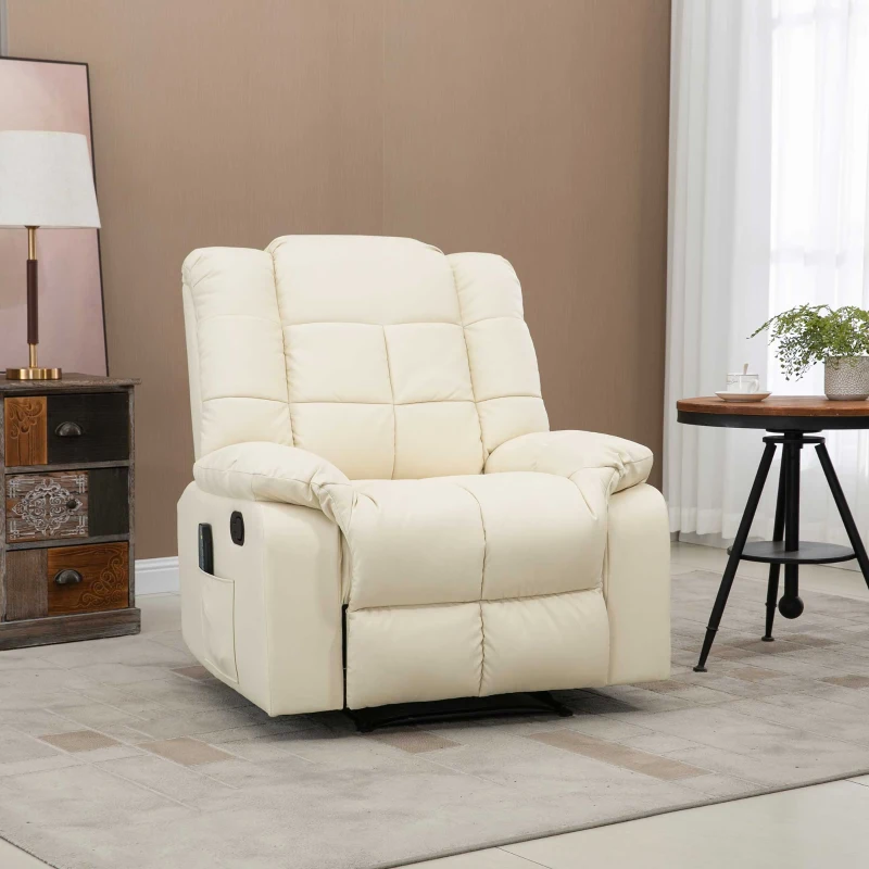 HOMCOM Poltrona relax massaggiante, 8 punti vibrazione, reclinabile, pelle sintetica, 94x99x99cm, Bianco crema