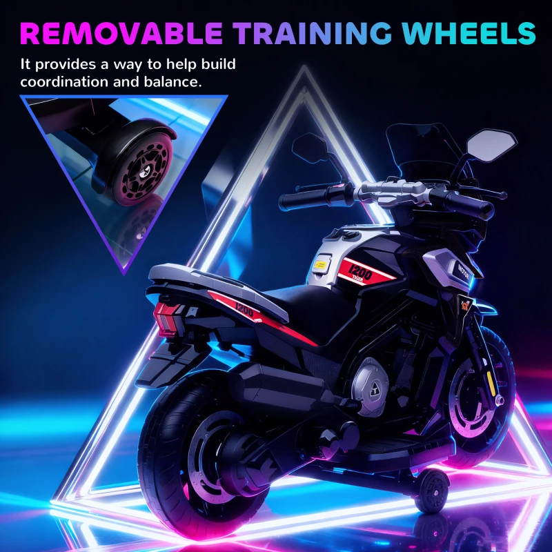 AIYAPLAY Elektryczny motocykl dla dzieci 18-36 miesięcy, pojazd do siadania, kółka pomocnicze, światła, muzyka, tworzywo sztuczne, stal, Schwarz