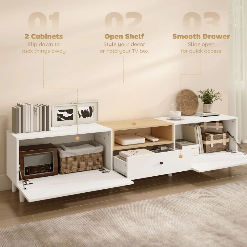 HOMCOM 200 cm TV-kast voor televisies tot 228,6 cm, 2 neerklapbare vakken, open vak, lade, 8 poten, spaanplaat, wit