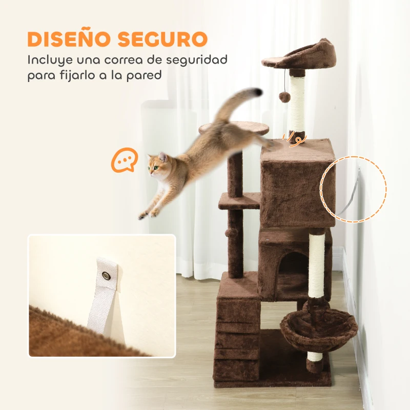 PawHut Árbol Rascador para Gatos 140 cm con Plataformas Cama 2 Cuevas Hamaca Escalera Postes de Sisal Marrón