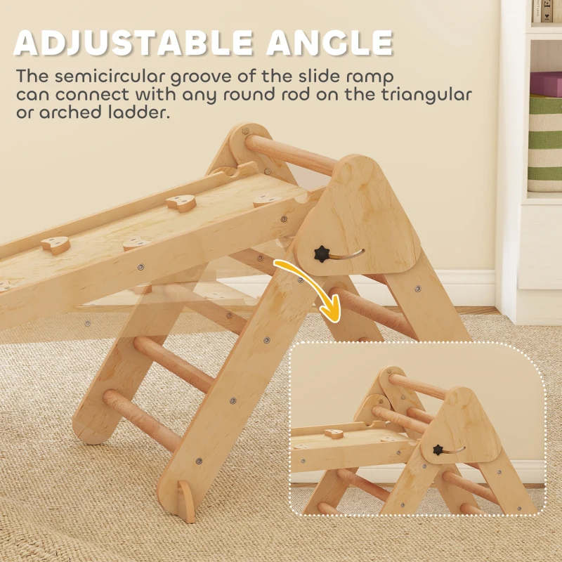 AIYAPLAY 5-in-1 klimrek: boogladder, driehoeksladder, helling, klimwand en glijbaan — voor kinderen 1,5-4 jaar, opvouwbaar, hout