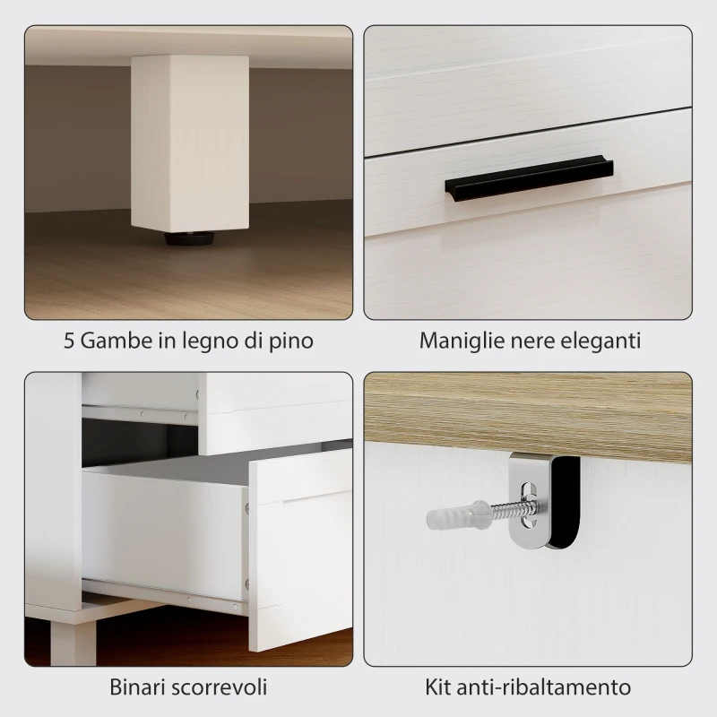 HOMCOM Cassettiera 6 Cassetti Moderna in Truciolato, Legno di Pino e MDF, 120x38x71 cm, Bianco e color Legno