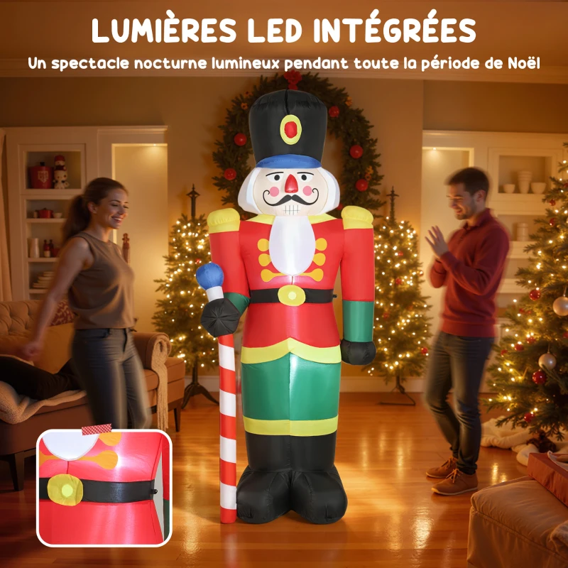 Outsunny Soldat casse-noisette gonflable de Noël 245 CM avec lumières LED et sceptre, intérieur et extérieur, multicolore