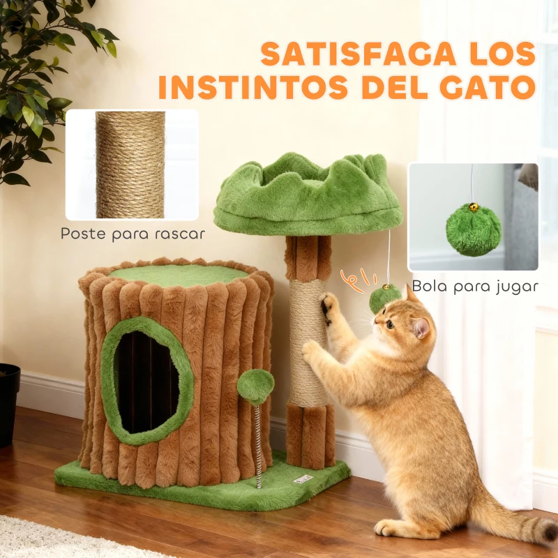 PawHut Árbol Rascador para Gatos 53 cm Diseño de Tronco con Casita Cama Poste de Yute Bolas Marrón y Verde