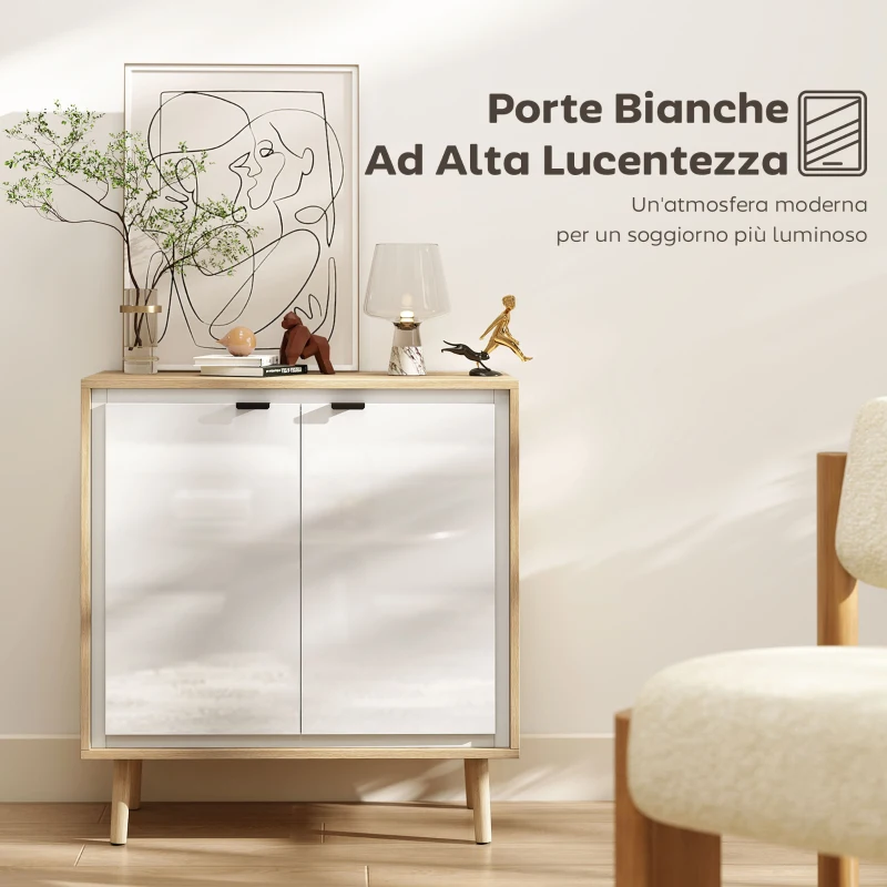 HOMCOM Credenza Moderna a 2 Ante con Ripiano Regolabile, 72x35x77 cm, Bianco Lucido e Rovere