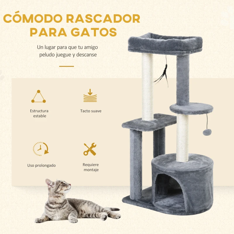 PawHut Rascador para Gatos con Postes de Sisal y Felpa Suave con Cama Cueva Plataformas Bola y Pluma 48x35x100 cm Gris y Beige