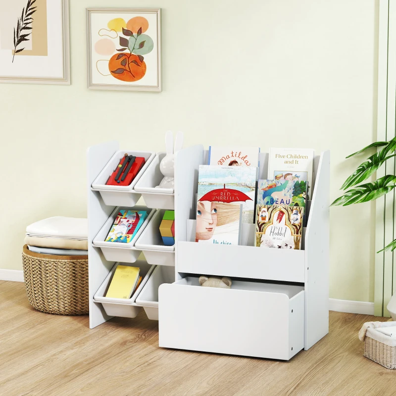 AIYAPLAY Speelgoedrek, kinderkamerrek met 6 bakken, boekenplank, rolbare box, 100 x 30 x 80 cm, MDF, staal, wit